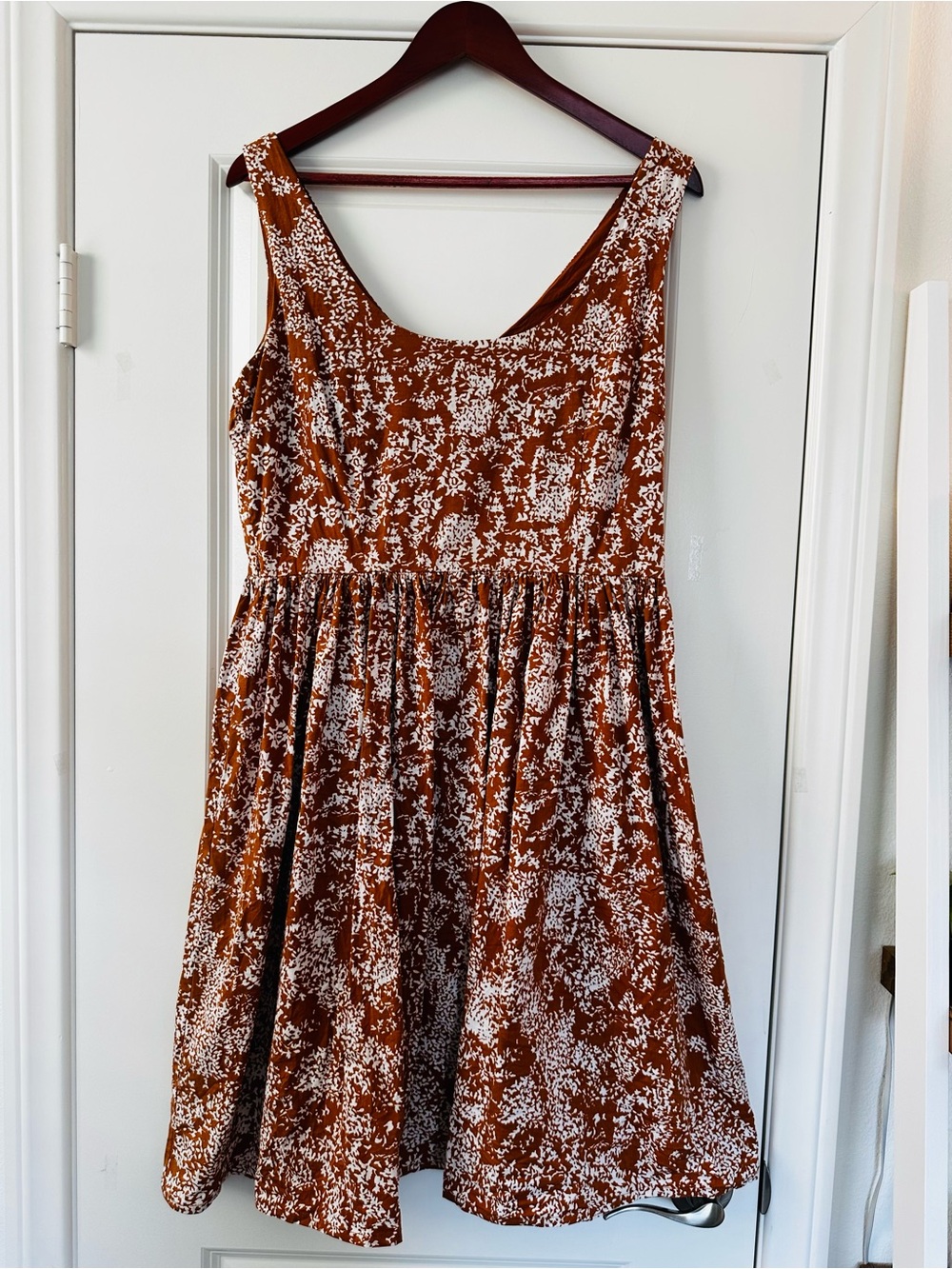 Rust Orange White Floral A Line Midi Dress Boho Cottagecore Fall Large